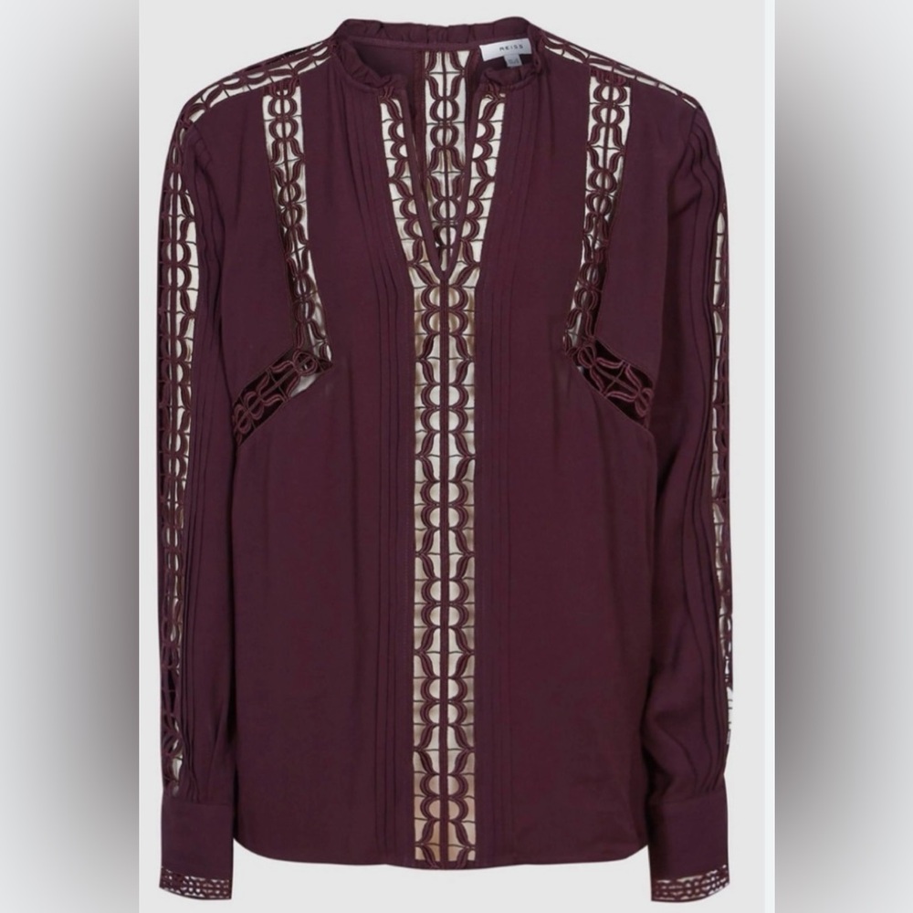 Reiss Plum Lace-Trimmed Long Sleeve Blouse